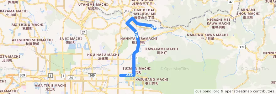 Mapa del recorrido 青山住宅 → 近鉄奈良駅 (Aoyama Jūtaku to Kintetsu Nara Station) de la línea  en Nara.