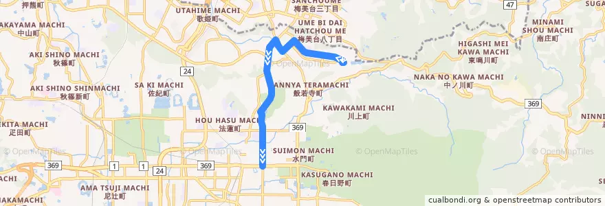 Mapa del recorrido 青山住宅 → 黒髪奈保町 → 近鉄奈良駅 (Aoyama Jūtaku to Kintetsu Nara Station via Kurokaminaho-chō) de la línea  en 奈良市.