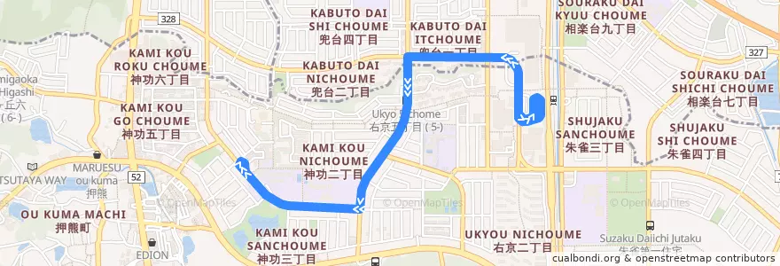 Mapa del recorrido 高の原駅 - 兜台一丁目 - 神功四丁目 (Takanohara Station to Jingu 4-chome via Kabutodai 1-chome) de la línea  en 日本.