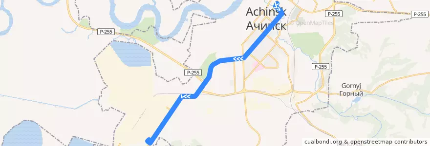 Mapa del recorrido 1 Кинотеатр "Сибирь" — АГК de la línea  en городской округ Ачинск.