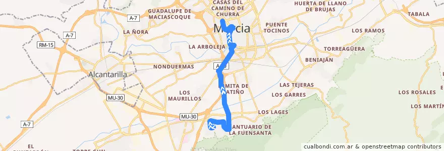 Mapa del recorrido La Alberca - Murcia de la línea  en Área Metropolitana de Murcia.
