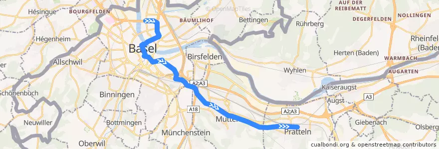 Mapa del recorrido Tram 14: Dreirosenbrücke => Pratteln de la línea  en Suisse.