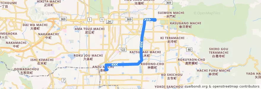 Mapa del recorrido 杏中町 - 近鉄奈良駅 (Karamomo-Nakamachi to Kintetsu Nara Station) de la línea  en 奈良市.
