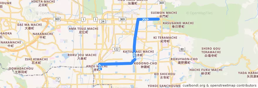 Mapa del recorrido 杏中町 → 県庁前 (Karamomo-Nakamachi to Kenchō-mae) de la línea  en 奈良市.