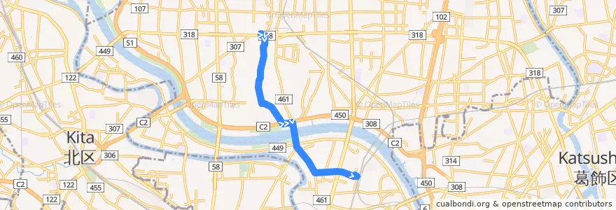 Mapa del recorrido 東武バス 北01 (西新井大師 --> 北千住駅西口) de la línea  en 足立区.