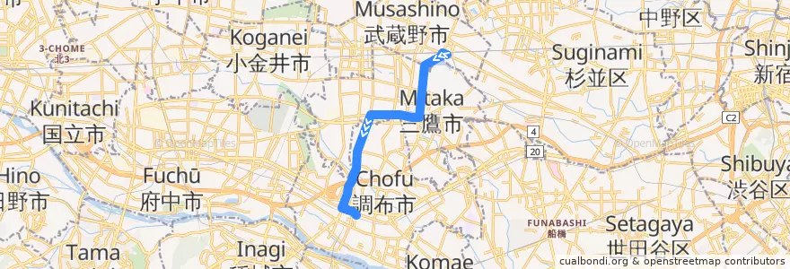 Mapa del recorrido Bus 吉06 吉祥寺駅->調布駅北口 de la línea  en Tokyo.