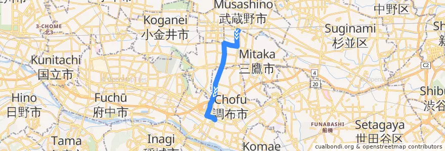 Mapa del recorrido Bus 鷹56 三鷹駅->調布駅北口 de la línea  en 도쿄도.