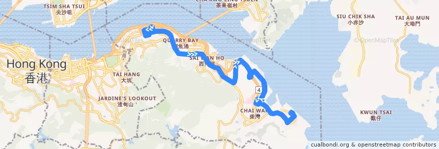 Mapa del recorrido 城巴85線 Citybus 85 (小西灣（藍灣半島） Siu Sai Wan (Island Resort) → 北角碼頭 North Point Ferry Pier) de la línea  en 東區.
