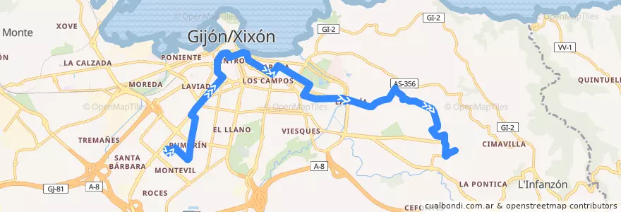 Mapa del recorrido Linea 10 - Pumarin - Hospital Cabueñes de la línea  en Gijón/Xixón.