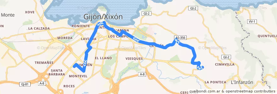 Mapa del recorrido Linea 10 - Hospital Cabueñes - Pumarin de la línea  en Gijón/Xixón.