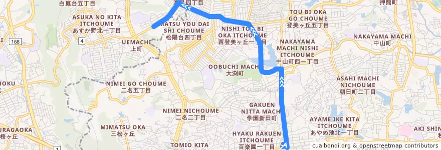 Mapa del recorrido 学園前駅（北） - 奈良北高校 (Gakuemmae Station to Narakita Senior Highschool) de la línea  en 奈良市.