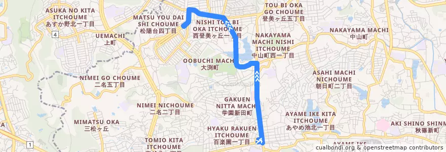 Mapa del recorrido 学園前駅（北） - 西登美ヶ丘五丁目 (Gakuemmae Station to Nishitomigaoka 5-chome) de la línea  en 奈良市.