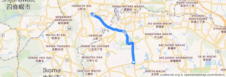 Mapa del recorrido 学園前駅（北） - 学研北生駒駅 （急行）(Gakuemmae Station to Gakken Kita-Ikoma Station) de la línea  en 奈良県.