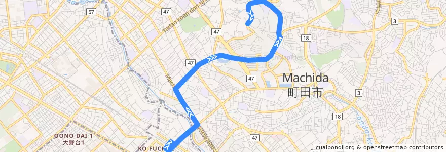 Mapa del recorrido 古淵02系統 de la línea  en 町田市.