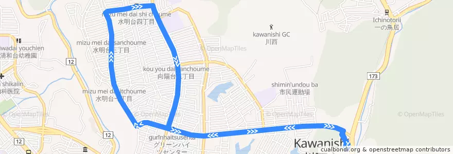 Mapa del recorrido 104: 平野→水明台（時計回り循環）→平野 de la línea  en 川西市.