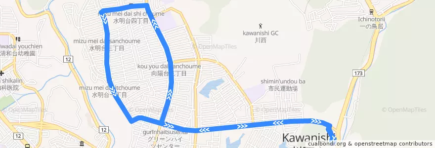 Mapa del recorrido 105: 平野→水明台（反時計回り循環）→平野 de la línea  en 川西市.