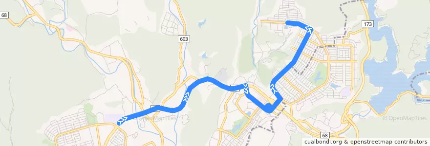 Mapa del recorrido 63: パークタウン中央→伏見池公園前 de la línea  en 川辺郡.