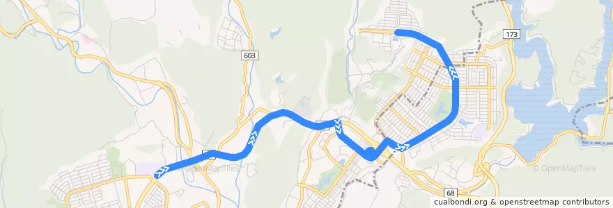 Mapa del recorrido 64: パークタウン中央→伏見池公園前 de la línea  en 川辺郡.