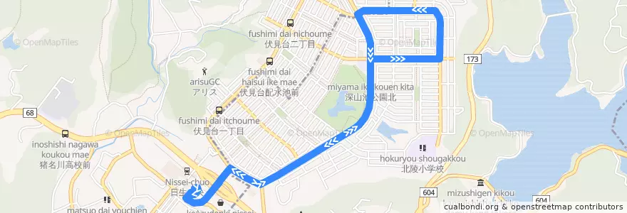Mapa del recorrido 65: 日生中央→カリヨンの丘（循環） de la línea  en 兵库县/兵庫縣.