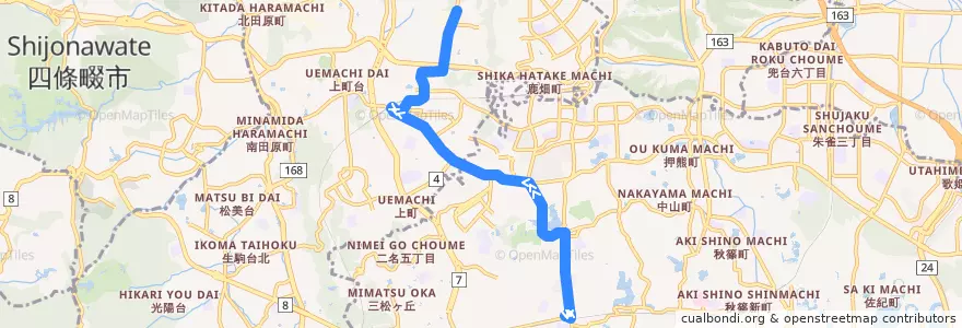 Mapa del recorrido 学園前駅（北） - 学研北生駒駅 - 高山サイエンスタウン （急行） (Gakuemmae Station to Takayama Science Town via Gakken Kita-Ikoma Station) de la línea  en 奈良県.