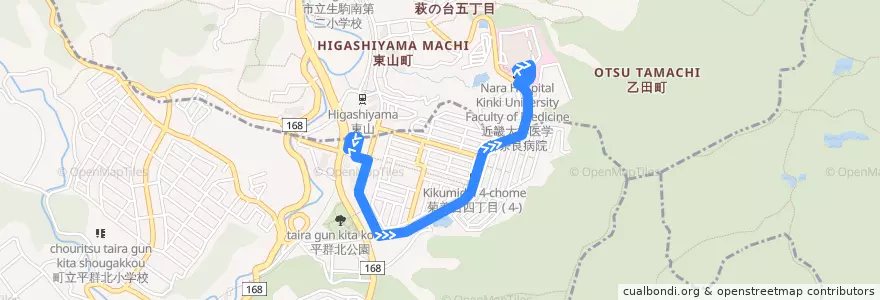Mapa del recorrido 東山駅 - 近畿大学医学部奈良病院 (Higashiyama Station to Nara Hospital Kinki University Faculty of Medicine) de la línea  en 奈良県.