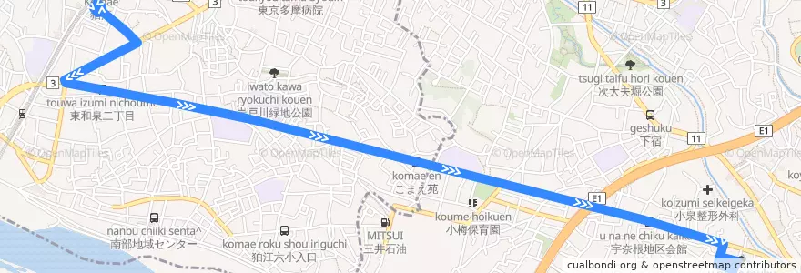 Mapa del recorrido 狛江宇奈根線 de la línea  en 東京都.
