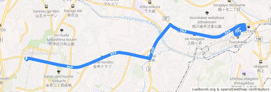 Mapa del recorrido 鶴川57系統 de la línea  en 町田市.