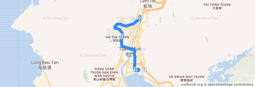 Mapa del recorrido 輕鐵505綫 Light Rail 505 (兆康 Siu Hong → 三聖 Sam Shing) de la línea  en 屯門區 Tuen Mun District.