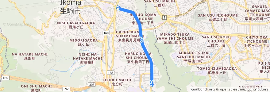 Mapa del recorrido 東生駒駅 - さつき台住宅 (Higashi-ikoma Station to Satsukidai Jutaku) de la línea  en 生駒市.