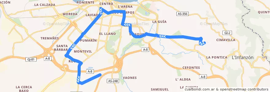 Mapa del recorrido Linea 15 Hospital Cabueñes - Nuevo Roces de la línea  en Gijón/Xixón.