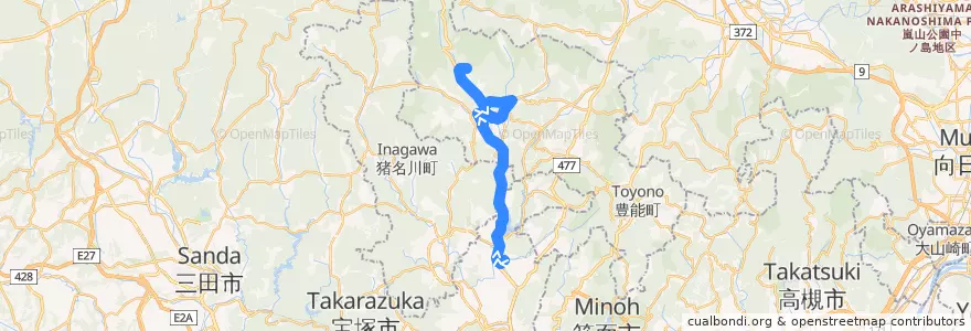 Mapa del recorrido 73: 山下駅前→能勢の郷 de la línea  en 日本.