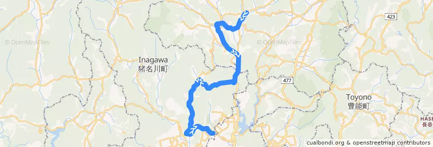 Mapa del recorrido 77: 能勢町宿野→日生中央 de la línea  en Japonya.