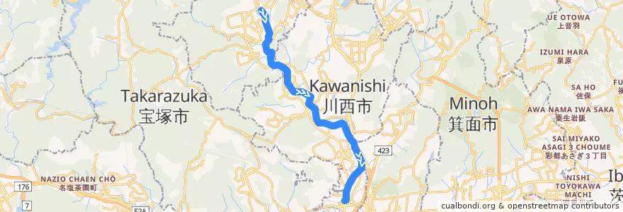 Mapa del recorrido 12: 紫合→阪急川西能勢口 de la línea  en 兵庫県.