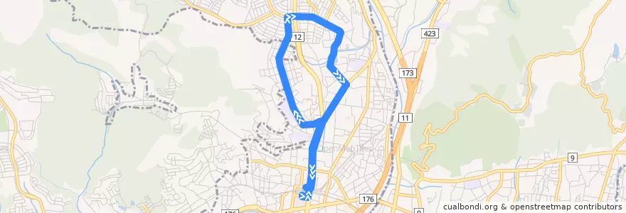 Mapa del recorrido 15: 川西バスターミナル～松が丘・鴬が丘（循環） de la línea  en 川西市.