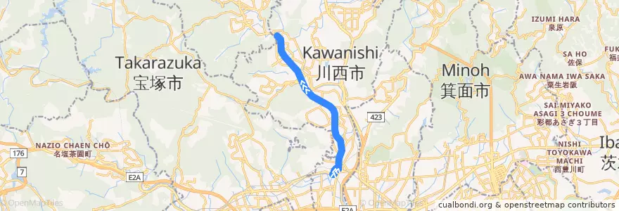 Mapa del recorrido 1: JR川西池田→清和台営業所前 de la línea  en 川西市.