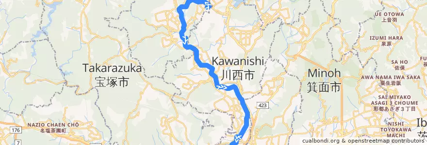 Mapa del recorrido 22: 日生中央→JR川西池田 de la línea  en Präfektur Hyōgo.