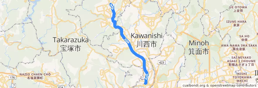 Mapa del recorrido 2: 紫合→阪急川西能勢口 de la línea  en 효고현.