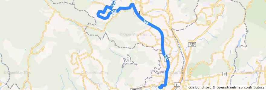 Mapa del recorrido 3: けやき坂五丁目→JR川西池田 de la línea  en Kawanishi.