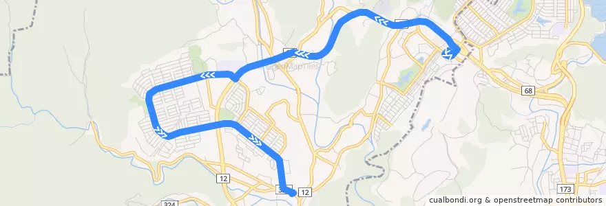 Mapa del recorrido 46: 日生中央→パークタウン東口 de la línea  en Kawabe County.