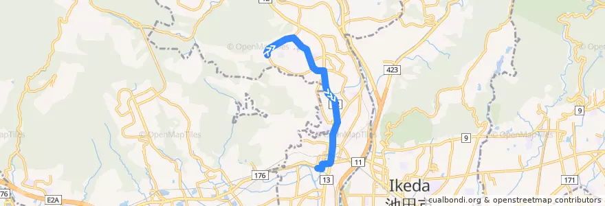 Mapa del recorrido 4: 湯山台→JR川西池田 de la línea  en 川西市.