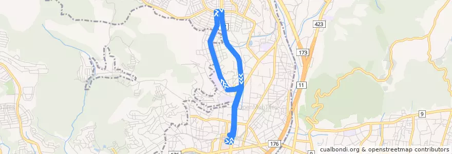 Mapa del recorrido 5: 阪急川西能勢口～松が丘（循環） de la línea  en 川西市.