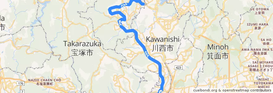 Mapa del recorrido 6: JR川西池田→日生中央 de la línea  en Prefettura di Hyōgo.