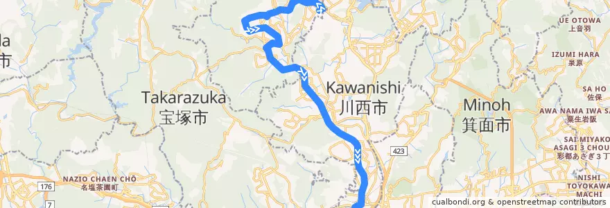 Mapa del recorrido 6: 日生中央→JR川西池田 de la línea  en Prefettura di Hyōgo.