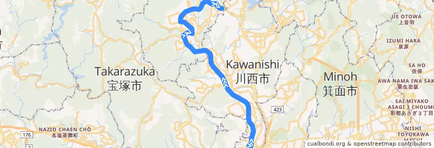 Mapa del recorrido 7: 阪急川西能勢口→日生中央 de la línea  en Préfecture de Hyōgo.