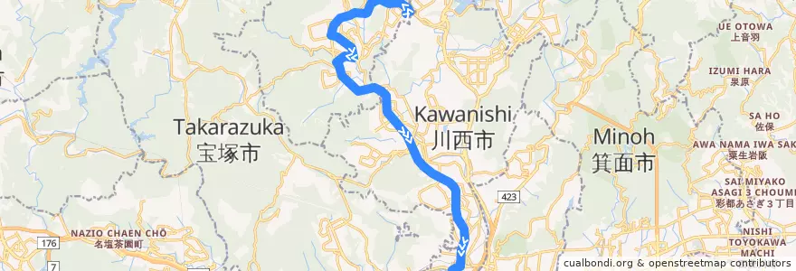 Mapa del recorrido 7: 日生中央→阪急川西能勢口 de la línea  en 兵庫県.