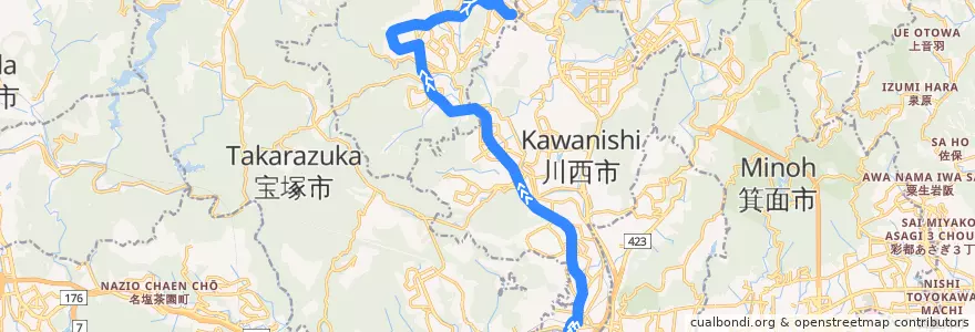 Mapa del recorrido 8: 阪急川西能勢口→日生中央 de la línea  en 兵庫県.