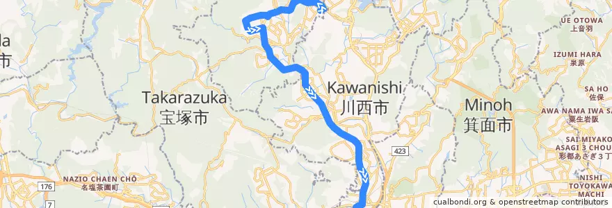 Mapa del recorrido 8: 日生中央→阪急川西能勢口 de la línea  en 兵庫県.