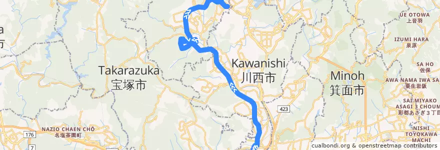 Mapa del recorrido 9: 阪急川西能勢口→日生中央 de la línea  en Prefectura de Hyōgo.