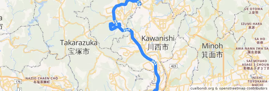 Mapa del recorrido 9: 日生中央→阪急川西能勢口 de la línea  en 兵庫県.