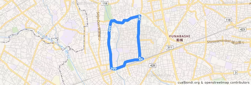 Mapa del recorrido 祖師谷・成城循環線 de la línea  en Setagaya.